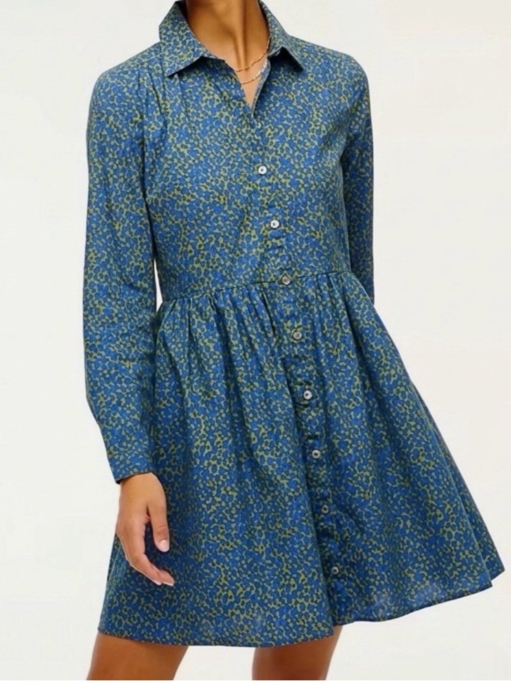 J Crew Ditsy Floral Babydoll Shirt Dress Long Sleeve Button Down Blue Green 6